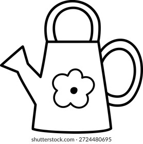 Vector lindo regadera con icono de línea de flores aislado sobre fondo blanco. Jardín de primavera blanco y negro o ilustración de herramienta de Pascua. Divertido equipo de jardinería para colorear