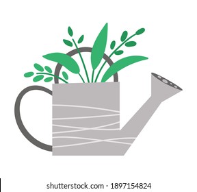 Vector cute watering can with green plants icon isolated on white background. Flat spring garden tool illustration. Funny gardening equipment picture for kids.
