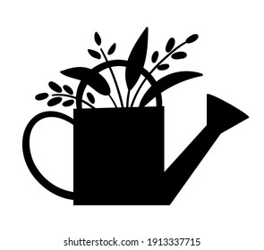 Vector cute watering can silhouette with plants icon isolated on white background. Flat spring garden tool illustration. Funny gardening equipment picture for kids.
