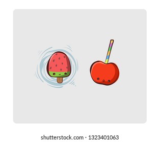 Vector cute watermelon ice cream and caramel apple characters 