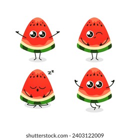 Vector cute watermelon slices set kinds of pose smile, sleep, say hi, and happy cute watermelon slices illustration