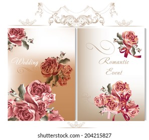 Vector cute wedding cards with roses in vintage style for design