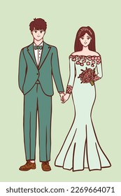 Vector cute wedding couple vector cartoon character handdrawn illustration with green dress and suite
