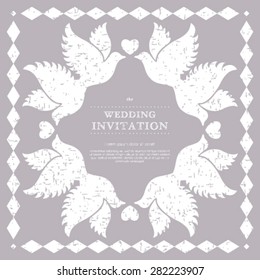 Vector cute wedding invitation card with vintage ornament background.