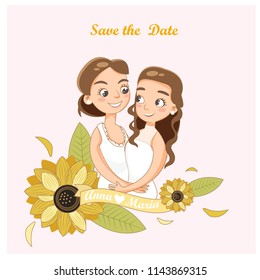 vector of cute wedding lesbian couple for wedding invitation card