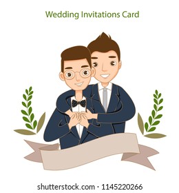 vector of cute wedding lgbt couple in wedding invitation card