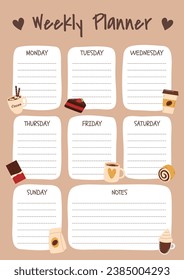 Vector cute weekly planner with coffee and sweets. A4 format