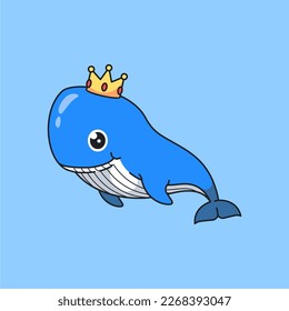 Vector cute whale with corwn swimming cartoon icon illustration.