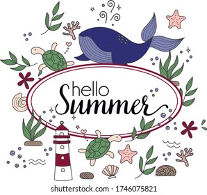 vector cute whale lighthouse hello summer illustration