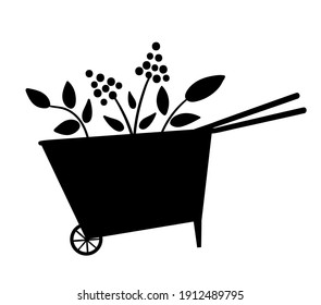 Vector cute wheel barrow silhouette icon isolated on white background. Flat spring garden tool illustration. Funny gardening equipment picture for kids.
