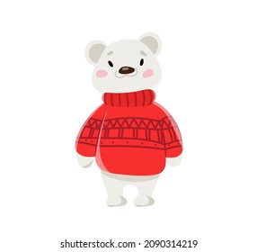 Vector cute white bear standing in red knitted pullover. Cartoon animal character, symbol of christmas and winter holidays.