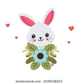 Vector cute white bunny with floral bouquet easter and spring character