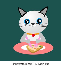 Vecino lindo gato blanco comiendo pizza