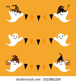 Vector - Cute white ghost holding empty orange and black bunting on halloween concept. Copy space. Holiday seasonal. Bundle. Clip art. Can be use decorate any card, advertising, banner, brochure.