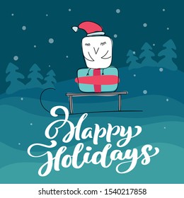 Vector Cute white owl on a sled with Christmas gift boxes. Vintage calligraphy handwritten text Happy Holidays. Banner, greeting Card, scandinavian doodle illustration