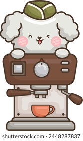 a vector of a cute white poodle with a coffee machine