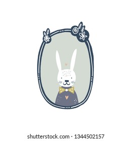 Vector cute white rabbit animal painting portrait in frame. Child cute illustration, nursery decor. Baby style art