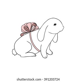 Vector cute white rabbit with pink bowl.