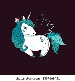 Vector cute white unicorn with a blue mane on a dark background. Great for label, print, packaging, fabric. 