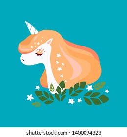 Vector cute white unicorn with a orange mane on a blue background. Great for label, print, packaging, fabric. 