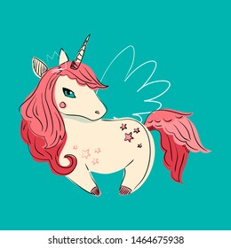 Vector cute white unicorn with a pink mane on a dark background. Great for label, print, packaging, fabric. 
