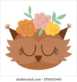 Vector cute wild animal face with flowers on head and closed eyes. Boho forest avatar. Funny owl illustration for kids. Woodland bird icon isolated on white background.
