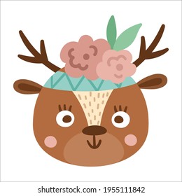 Vector cute wild animal face with flowers on head. Boho forest avatar. Funny deer illustration for kids. Woodland icon isolated on white background.
