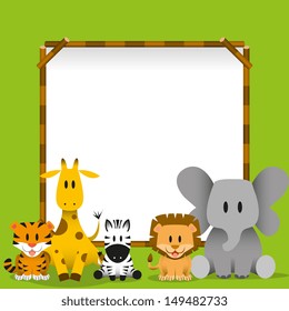 Vetor Animais selvagens bonitos e quadro em branco