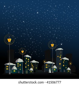 vector cute winter background with illustrated city in the night
