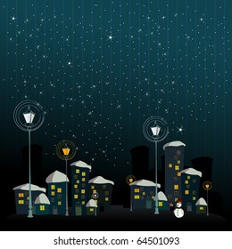 vector cute winter background with illustrated snowman in the night