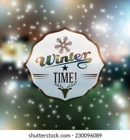 Vector cute winter badge illustration, with snowfall and blurry lights background