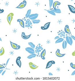 Vector cute winter berry bird pattern. Hand drawn folk art style design with bird, plant and snow flake in blue tones. All over print. Perfect for christmas season and winter holiday.