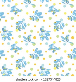 Vector lindo patrón de pájaro de baya de invierno. Diseño de estilo de arte folclórico dibujado a mano con pájaro, planta y puntos coloridos sobre fondo blanco. Todo impreso. Perfecto para la temporada de navidad e invierno
