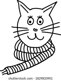 Vector lindo gato de invierno con una bufanda aislada en blanco y negro