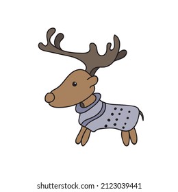 Vector lindo venado de invierno en suéter acogedor. Ilustración del doodle. Vacaciones de invierno, ducha de bebé, cumpleaños, fiesta infantil