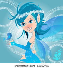 Vector cute winter fairy with bird illustration