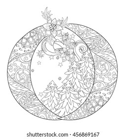 Vector cute winter landscape in christmas fir tree ball.Hand drawn line illustration.Sketch for postcard or print or coloring adult anti stress book.Boho zen art style.