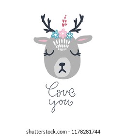 Vector cute winter polar deer girl with flowers wreath. Nursery holiday illustration. It can be used for wall art, greeting card, poster, kids apparel