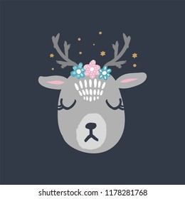 Vector cute winter polar deer girl with flowers wreath. Nursery holiday illustration. It can be used for wall art, greeting card, poster, kids apparel