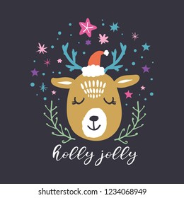 Vector cute winter polar deer Santa. Merry Christmas, Holly Jolly. Nursery holiday illustration. It can be used for wall art, greeting card, poster, kids apparel.