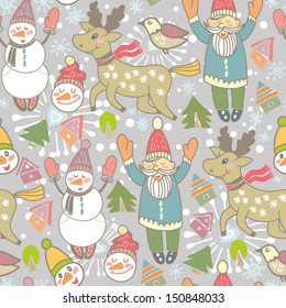 Vector Cute Winter  Seamless pattern with deer,Santa, Snowman, houses, trees, snowflakes and birds.