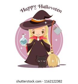 vector of cute witch and black cat for halloween greeting card