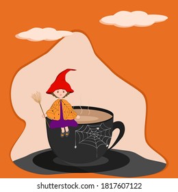 Vector - escoba de bruja suave sobre una taza de café negra. Concepto de la temporada de Halloween. Copiar espacio.