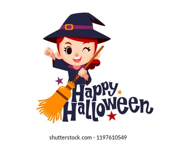 Vector cute witch holding magic broomstick Halloween card