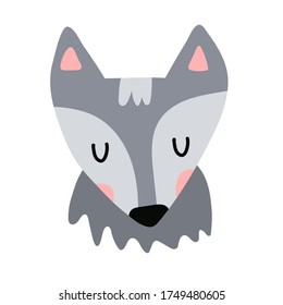 Vector cute wolf face on white background isolated clip-art. Print for clothes, goods, products for children and toddlers. Gray animal in flat style.