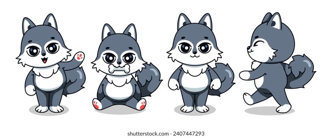 Vector Cute Wolf Set Kinds Of Poses Standing, Walking, Say hi, and Eating Bone Cute Cat Illustration