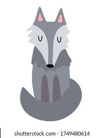 Vector cute wolf sits and sleeps on a white background isolated clip-art. Print for clothes, goods, products for children and toddlers. Gray animal in flat style.