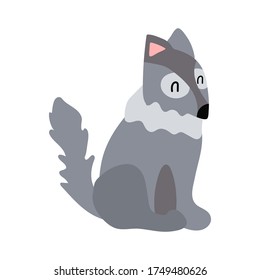 Vector cute wolf sitting on a white background isolated clip-art. Print for clothes, goods, products for children and toddlers. Gray animal in flat style.