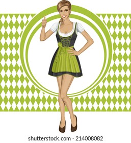 Vector cute woman in drindl on oktoberfest shows well done