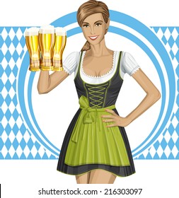 Vector cute woman in drindl on oktoberfest with beer